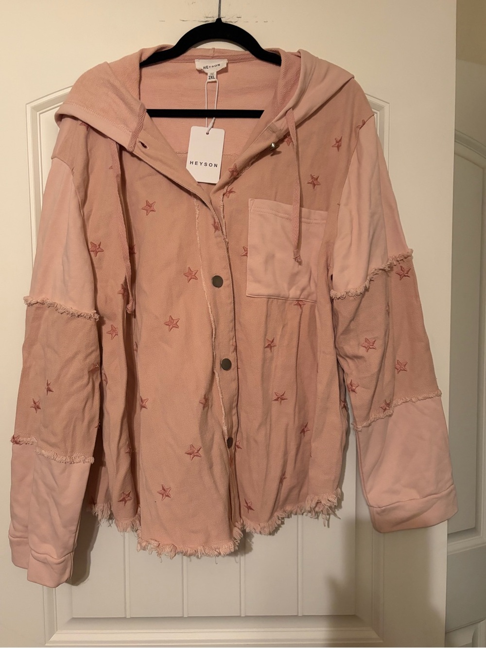 Heyson Blush Pink Star-Embroidered Hooded Jean Jacket